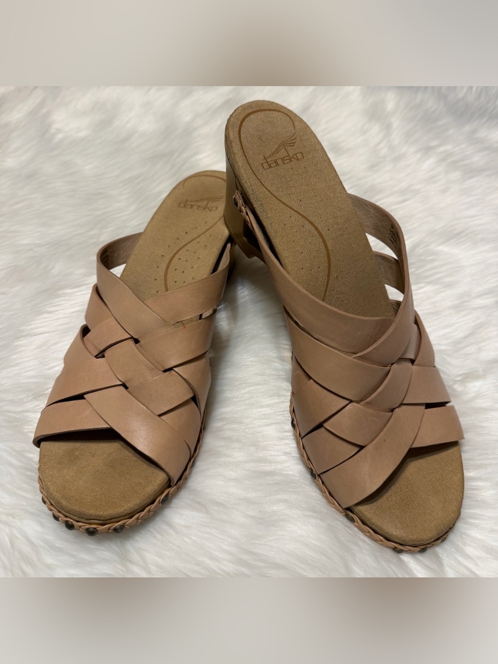 Dansko Tory Women’s Blush Leather Woven Slide Clogs